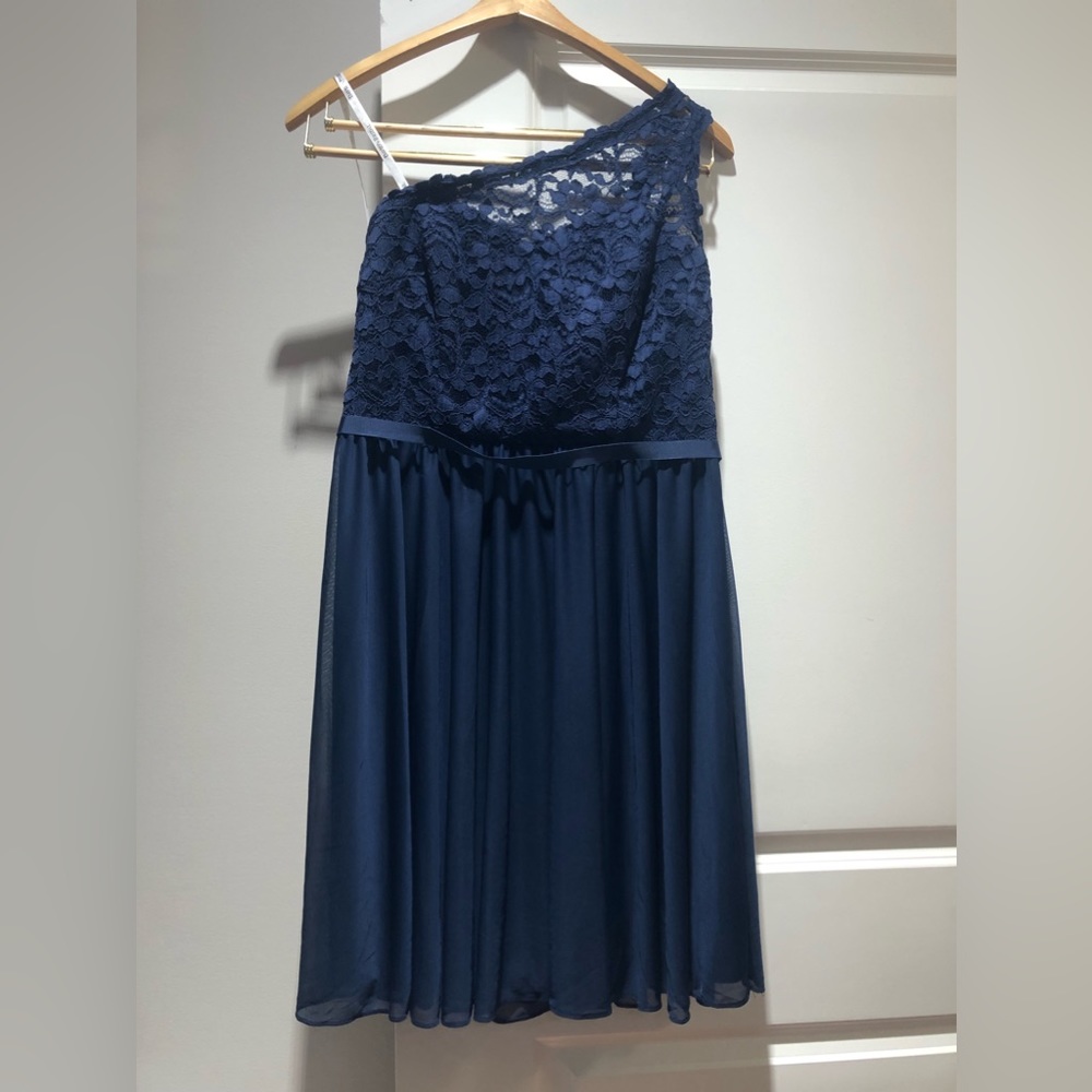 David’s Bridal Navy Knee-Length Over the Shoulder Dress
